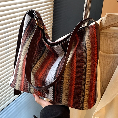 Bolso de Mano de Punto a Rayas Vintage Color Block para Mujer Gran Capacidad Correa de Cuero PU MJ1200