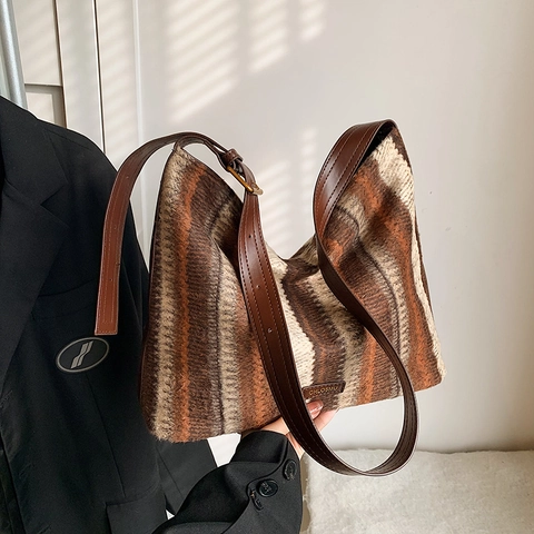 Bolso de Mano de Punto a Rayas Vintage Color Block para Mujer Gran Capacidad Correa de Cuero PU MJ1200