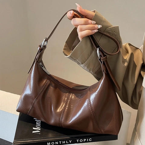 Borsa Hobo Mezzaluna Vintage Pelle PU Cerata Pieghe Spalla Sottobraccio Borsa A Mano Tracolla Regolabile Minimalismo Donne