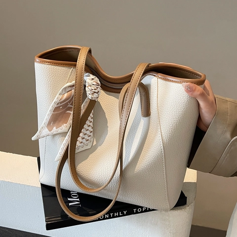 Borsa Tote da Donna Grande Capacità in Pelle PU Trama Litchi Con Foulard in Seta Minimalista Pendolare a Spalla