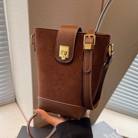 Women Bucket Bag Retro Suede PU Leather Splicing Gold Lock Adjustable Shoulder Crossbody Bag Casual Minimalist