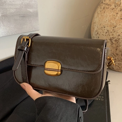 Vintage PU Leather Small Square Bag Women Gold Lock Adjustable Strap Casual Crossbody Shoulder Bag Retro Minimalist