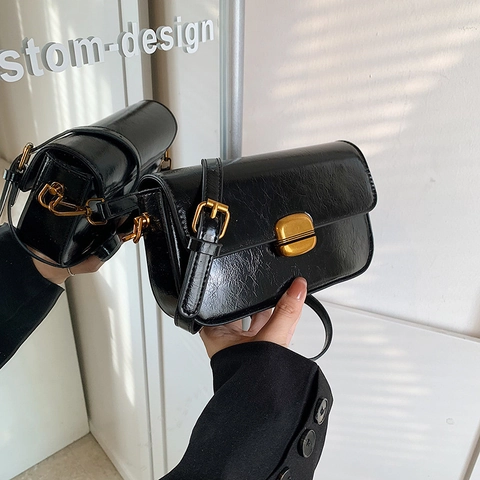 Vintage PU Leather Small Square Bag Women Gold Lock Adjustable Strap Casual Crossbody Shoulder Bag Retro Minimalist