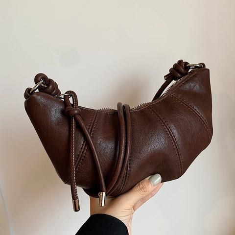 Bolso Croissant de Cuero PU Retro para Mujer Bolso de Axila en Forma de Luna Correa con Nudo Casual Simple Color Sólido