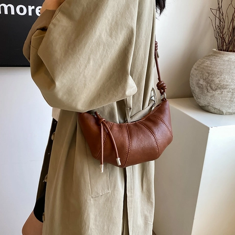 Bolso Croissant de Cuero PU Retro para Mujer Bolso de Axila en Forma de Luna Correa con Nudo Casual Simple Color Sólido