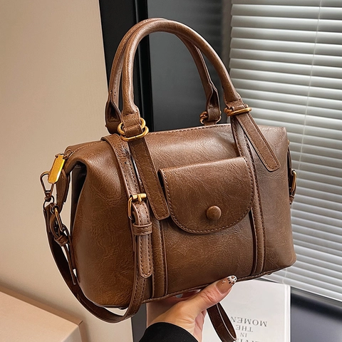 Vintage Boston Bag PU Leather Textured Handbag With Front Pocket Versatile Crossbody Shoulder Bag For Women Retro Office