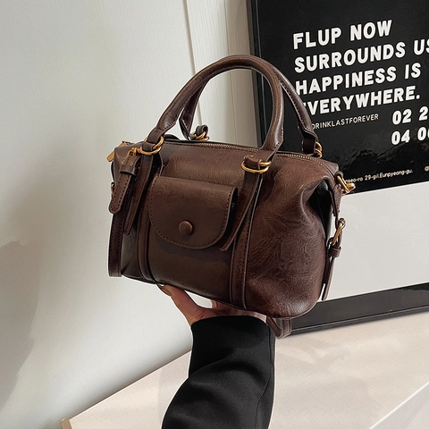 Vintage Boston Bag PU Leather Textured Handbag With Front Pocket Versatile Crossbody Shoulder Bag For Women Retro Office