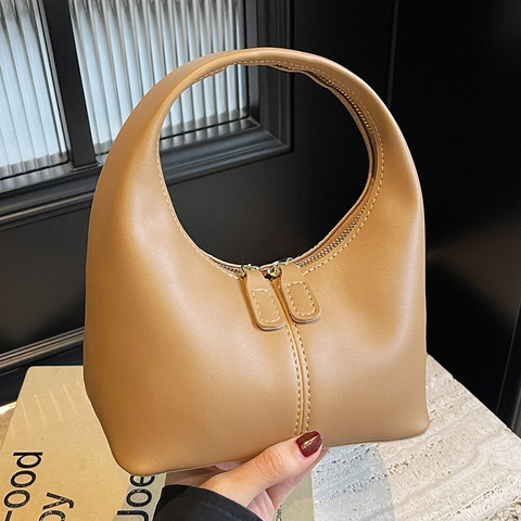 Mini Sac à Main en Cuir PU Minimaliste Vintage pour Femmes Forme de Lune Style Hobo Double Fermeture Éclair avec Détails de Couture