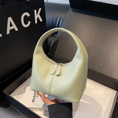 Mini Sac à Main en Cuir PU Minimaliste Vintage pour Femmes Forme de Lune Style Hobo Double Fermeture Éclair avec Détails de Couture