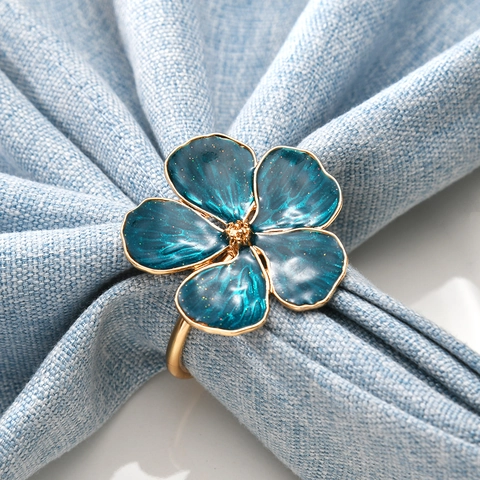 Ronds De Serviette Fleurs Bleu Paon Alliage Émail Boucle Florale Supports Pour Table À Manger Mariage Banquet Fête Décor