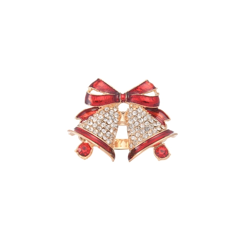 Christmas Napkin Ring Zinc Alloy Double Bell Red Enamel Bow Rhinestone Festive Table Decoration Banquet Ornament