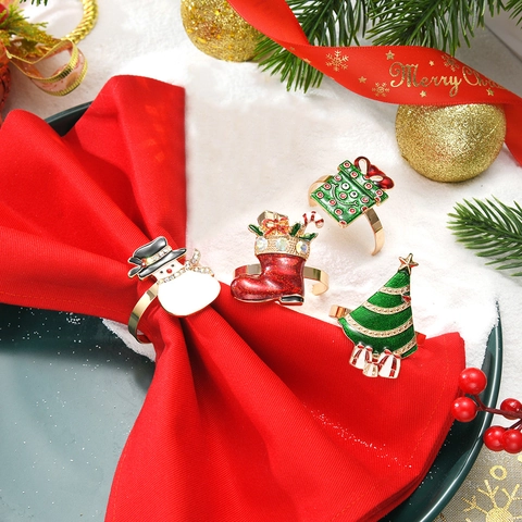 Christmas Napkin Rings Metal Enamel Rhinestone Tree Snowman Boot Gift Holiday Table Setting Decoration
