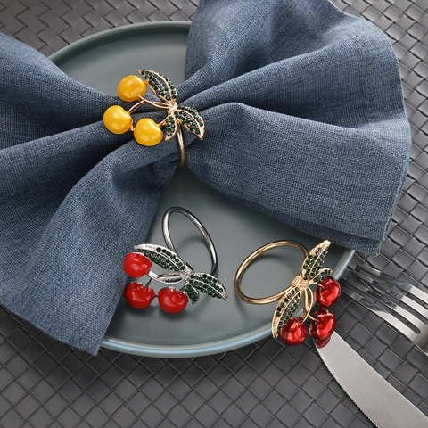 Zinc Alloy Cherry Napkin Rings Fruit Plant Drip Oil Enamel Green Rhinestone Leaf Napkin Buckle For Dining Table Banquet Wedding