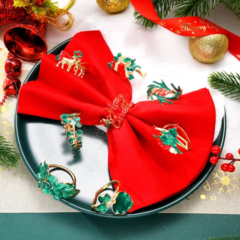 Ronds De Serviette De Noël Alliage De Zinc Émail Renne Sapin Feuille Décoration De Table Fête Banquet Accessoire