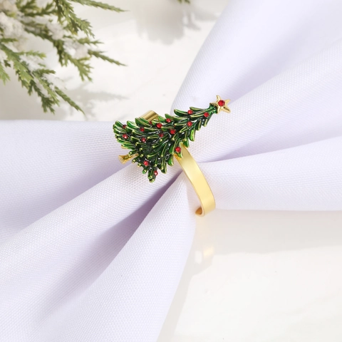 Weihnachtsbaum Serviettenringe Zinklegierung Emaille Kiefer Rote Strasssteine Festlich Abendessen Tisch Deko Gold Grün Metall