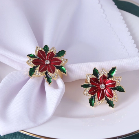 Ronds De Serviette De Noël Alliage Émail Strass Fleur De Poinsettia Sapin De Noël Décoration De Table Banquet Fête