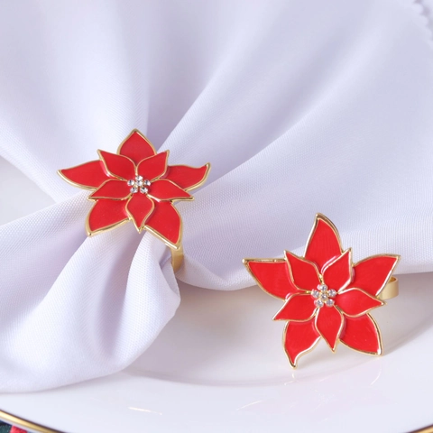 Christmas Poinsettia Napkin Rings Red Enamel Alloy With Rhinestones Gold Metal Table Decor For Dinner Party