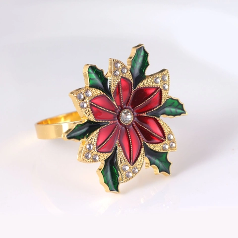 Christmas Napkin Rings Alloy Enamel Rhinestone Poinsettia Christmas Tree Shape For Festive Dinner Party Table Decoration