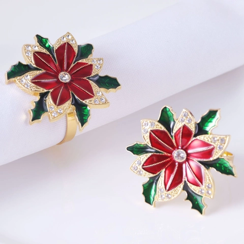 Ronds De Serviette De Noël Alliage Émail Strass Fleur De Poinsettia Sapin De Noël Décoration De Table Banquet Fête
