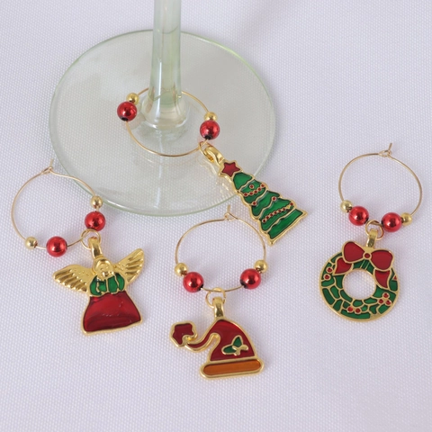 Weihnachts Weinglas Charms Zinklegierung Emaille Marker Mit Festlichen Formen Baum Engel Hut Kranz Dekor
