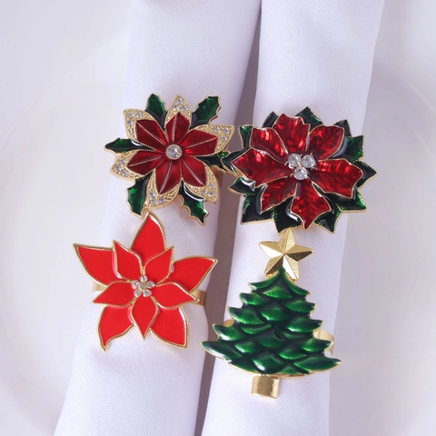 Christmas Napkin Rings Alloy Enamel Rhinestone Poinsettia Christmas Tree Shape For Festive Dinner Party Table Decoration