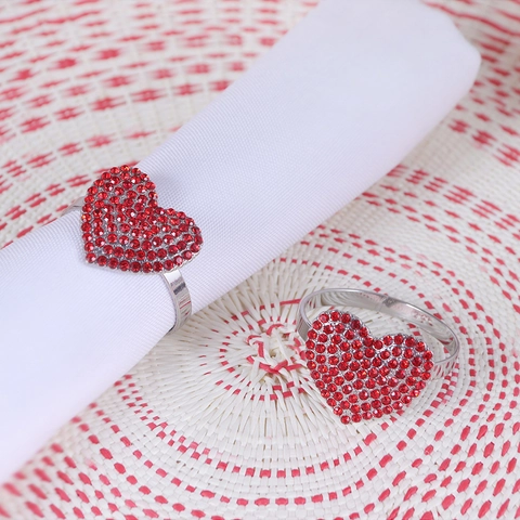 Heart Shaped Napkin Rings Zinc Alloy Red Rhinestone Buckles For Valentines Day Wedding Anniversary Dinner Table Decor