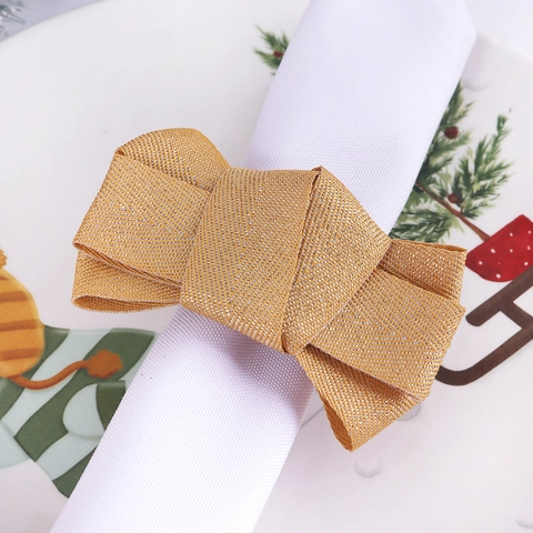 Golden Bowknot Napkin Rings Sparkling Fabric Bow Napkin Buckle For Christmas Wedding Dinner Table Decor French Style