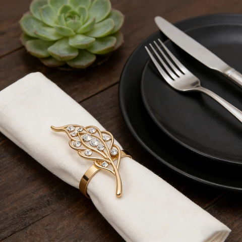 Hollow Leaf Rhinestone Napkin Ring Alloy Napkin Buckle For Hotel Wedding Dining Table Decor Elegant Western Style
