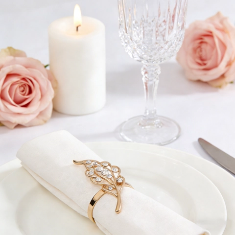 Hollow Leaf Rhinestone Napkin Ring Alloy Napkin Buckle For Hotel Wedding Dining Table Decor Elegant Western Style