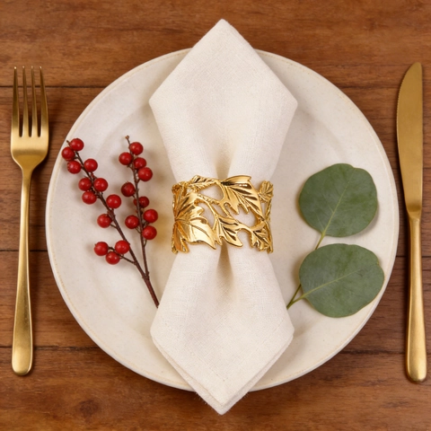 Maple Leaf Napkin Rings Zinc Alloy Hollow Design Champagne Gold Table Decor For Wedding Dinner Party Elegant