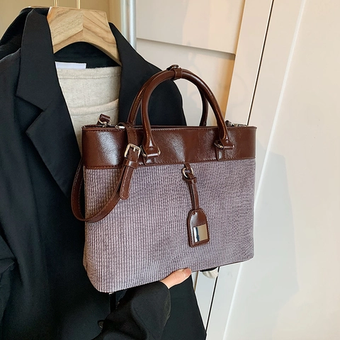 Vintage Corduroy PU Leather Splicing Tote Bag For Women Retro Casual Contrast Color Shoulder Crossbody Handbag With Metal Decoration