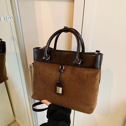 Vintage Corduroy PU Leather Splicing Tote Bag For Women Retro Casual Contrast Color Shoulder Crossbody Handbag With Metal Decoration