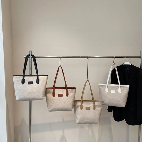 Bolso Tote de Lona de Gran Capacidad para Mujer Color en Contraste Asa de Cuero Sintético Bolso de Hombro Diario