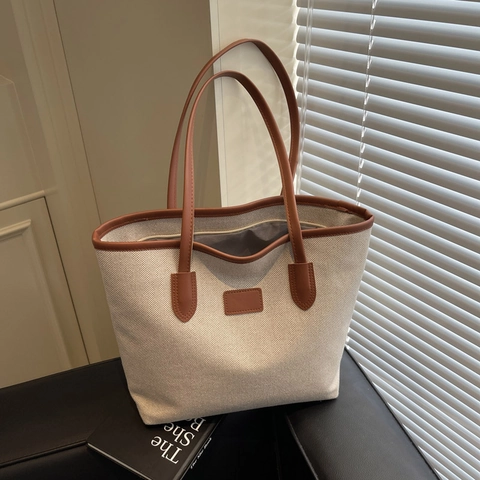 Bolso Tote de Lona de Gran Capacidad para Mujer Color en Contraste Asa de Cuero Sintético Bolso de Hombro Diario