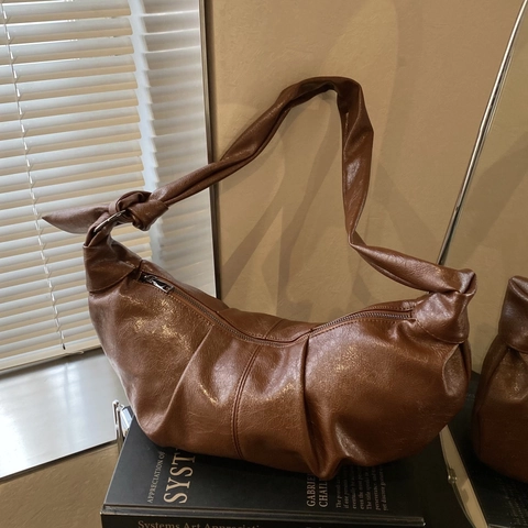 Retro Weiches PU-Leder Falten Knödel Tasche Große Kapazität Hobo Achseltasche Casual Vielseitige Ochsenhorn Schultertasche Damen