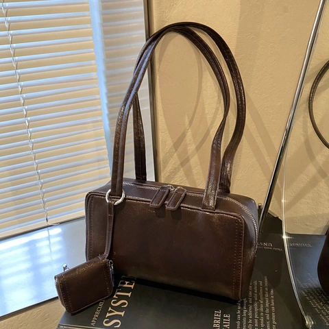 Bolso de Hombro de Cuero PU Vintage Gran Capacidad Color Sólido Bolso de Axila Con Mini Bolsa Para Mujer Elegante Bolso