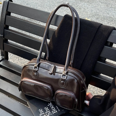 Vintage Glänzend PU Leder Bowling Umhängetasche Für Damen Große Kapazität Multi Tasche Tote Retro Pendeln Unterarm Handtasche