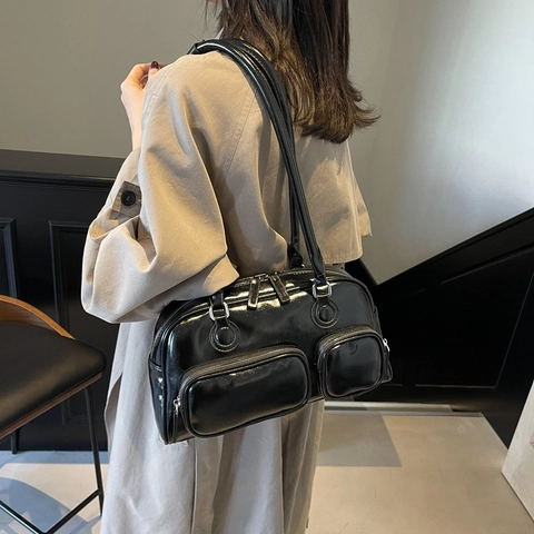 Vintage Glänzend PU Leder Bowling Umhängetasche Für Damen Große Kapazität Multi Tasche Tote Retro Pendeln Unterarm Handtasche