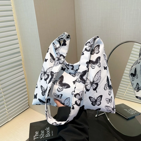 Borsa Tote in Tela da Donna con Stampa Farfalla e Pois Borsa a Spalla Casual Grande Capacità Borsetta Oxford Floreale