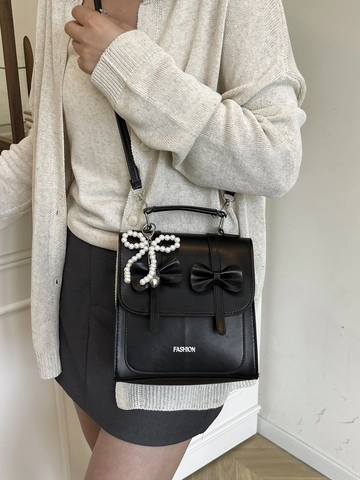 Koreaanse Stijl Dames Strik Synthetisch Leer Schoudertas Mode Handtas Mini Rugzak Met Kunstparel Hanger Decor Voor Dagelijks