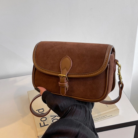 Borsa a Spalla da Donna in Pelle Scamosciata Vintage Borsa a Tracolla a Sella Retro Con Tracolla Regolabile Borsa Quadrata