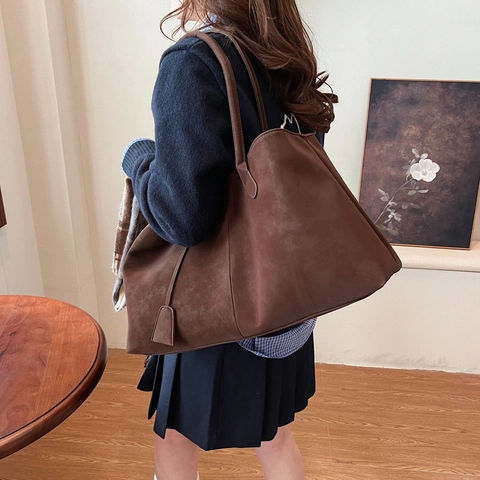 Women Large Capacity Matte PU Leather Tote Bag Minimalist Shoulder Handbag Retro Commuting Solid Color Daily Shopper Bag