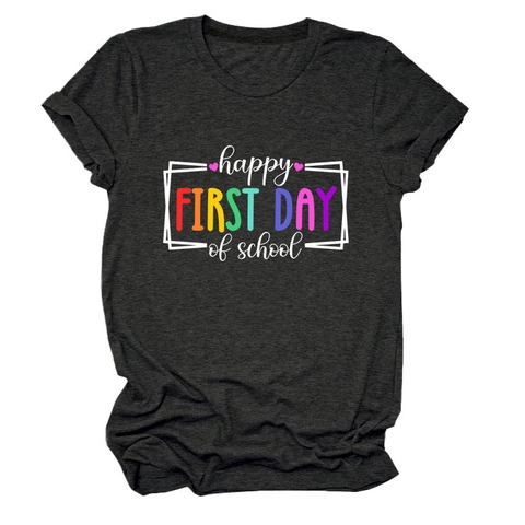 T-Shirt Da Donna In Misto Cotone Happy First Day Of School Stampa Arcobaleno Maniche Corte Girocollo Morbida Casual Top