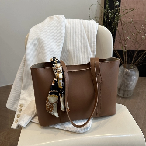 Women PU Leather Tote Bag With Decorative Printed Scarf Large Capacity Commuter Handbag Retro Minimalist Shoulder Bag