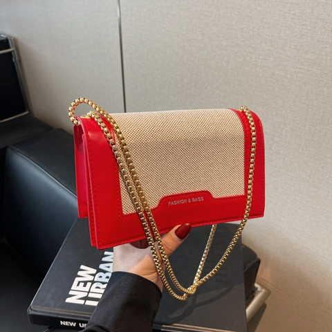 Sac Bandoulière Femme Patchwork en Cuir PU et Toile Minimaliste Urbain Avec Chaîne en Métal Doré Sac Carré à la Mode