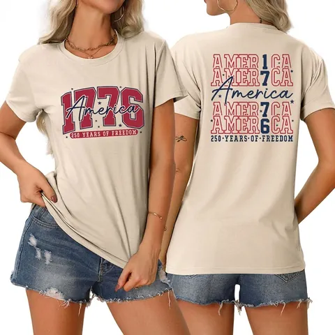 T-Shirt Femme Mélange Coton 1776 America Freedom Col Rond Manches Courtes Imprimé Double Face Style Vintage
