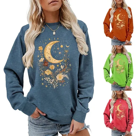 Felpa Donna Stampa Luna Fiori Manica Lunga Girocollo Bohemien Retro Pullover Top Misto Cotone