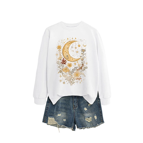 Felpa Donna Stampa Luna Fiori Manica Lunga Girocollo Bohemien Retro Pullover Top Misto Cotone