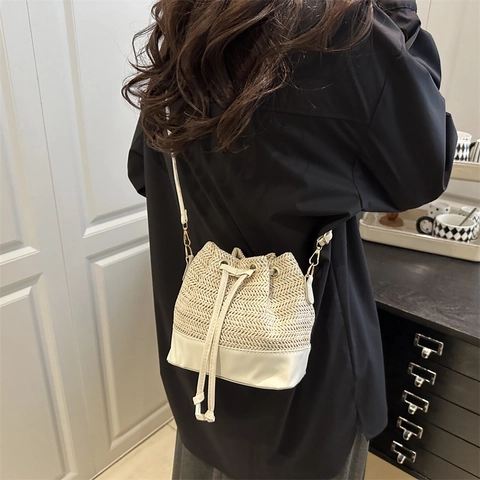 Borsa A Secchiello Intrecciata In Paglia Pelle PU Coulisse Tracolla Regolabile Borsa A Tracolla Casual Da Donna