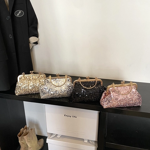 Women Sequin Evening Bag Shell Shaped Clutch Handbag With Metal Handle Chain Strap Vintage Kiss Lock Party Purse